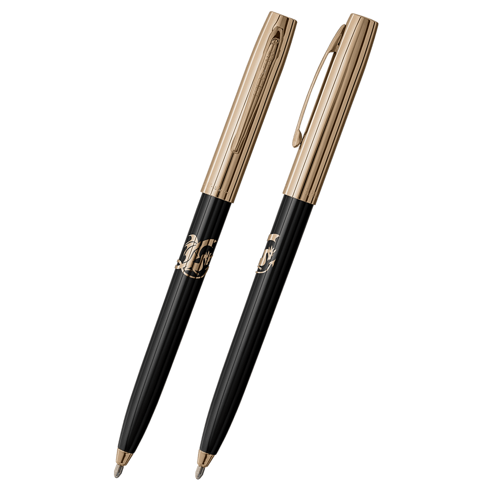 Front and side views of cap-o-matic space pen with black plastic barrel, gold colored cap with clip, gold colored tip, and imprinted gold dragon.