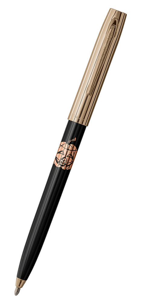 Cap-o-matic space pen with black plastic barrel, gold colored cap with clip, gold colored tip, and imprinted copper jack-o-lantern.