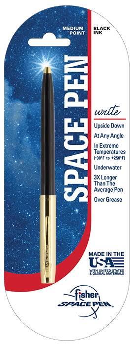 Cap-o-matic space pen with black plastic barrel, gold colored cap with clip, and gold colored tip in packaging with a white and blue background with a galaxy print, a red stripe, and the Fisher Space Pen logo in the bottom right.