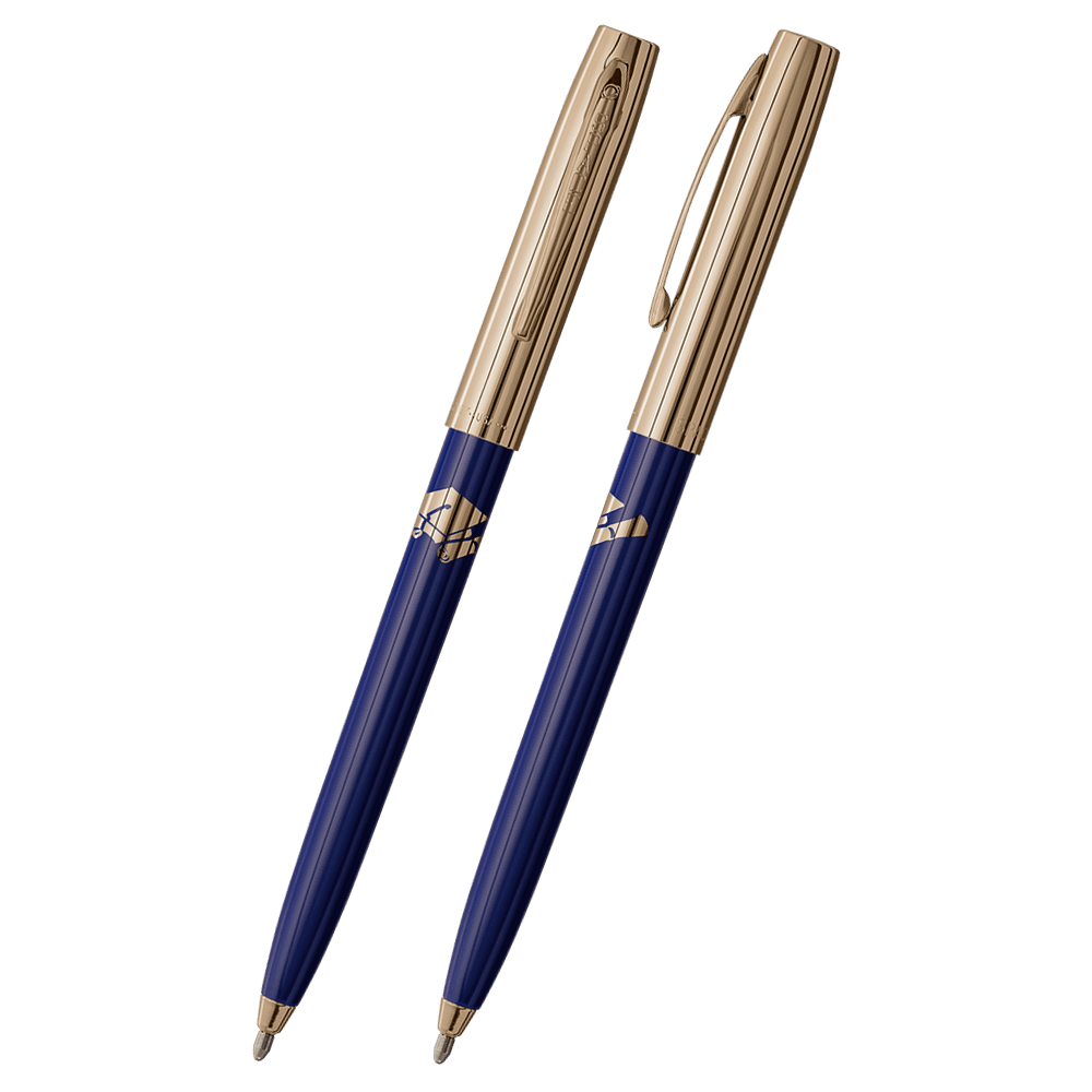 Front and side views of cap-o-matic space pen with blue plastic barrel, gold colored cap with clip, gold colored tip, and imprinted gold cap and diploma.
