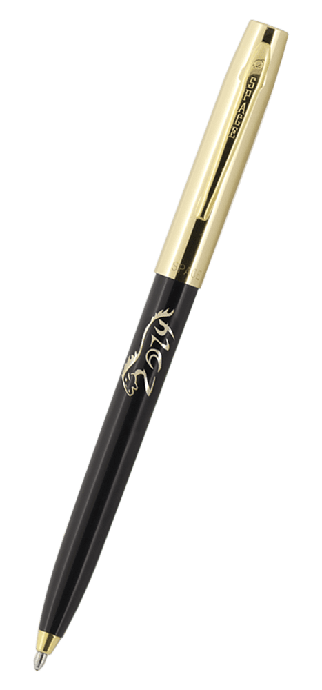 Cap-o-matic space pen with black plastic barrel, gold colored cap with clip, gold colored tip, and imprinted gold horse with legs formed by 2014.