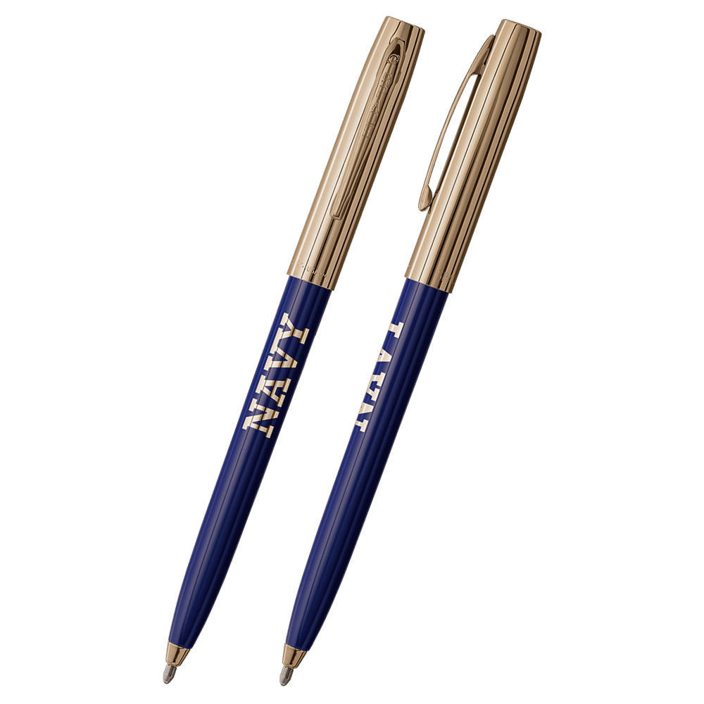 Front and side views of cap-o-matic space pen with blue plastic barrel, gold colored cap with clip, gold colored tip, and imprinted gold US Navy NAVY.