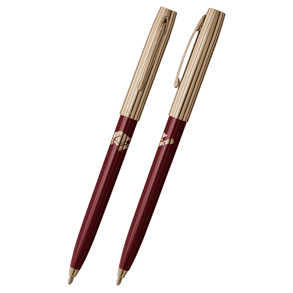 Front and side views of cap-o-matic space pen with burgundy plastic barrel, gold colored cap with clip, gold colored tip, and imprinted gold cap and diploma.