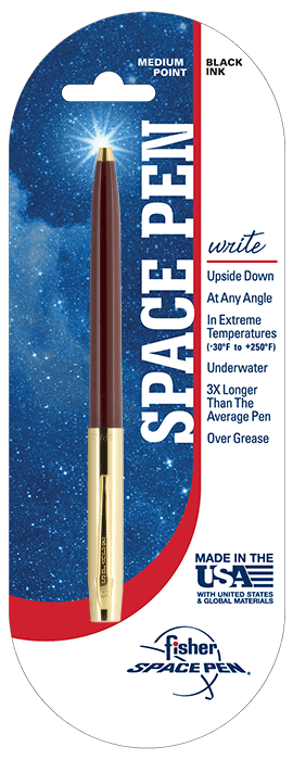 Cap-o-matic space pen with burgundy plastic barrel, gold colored cap with clip, and gold colored tip in packaging with a white and blue background with a galaxy print, a red stripe, and the Fisher Space Pen logo in the bottom right.
