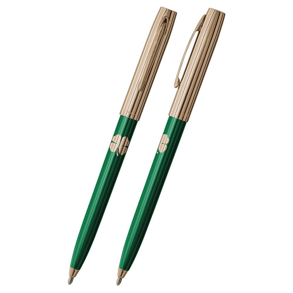 Front and side views of cap-o-matic space pen with green plastic barrel, gold colored cap with clip, gold colored tip, and imprinted gold four leaf clover.