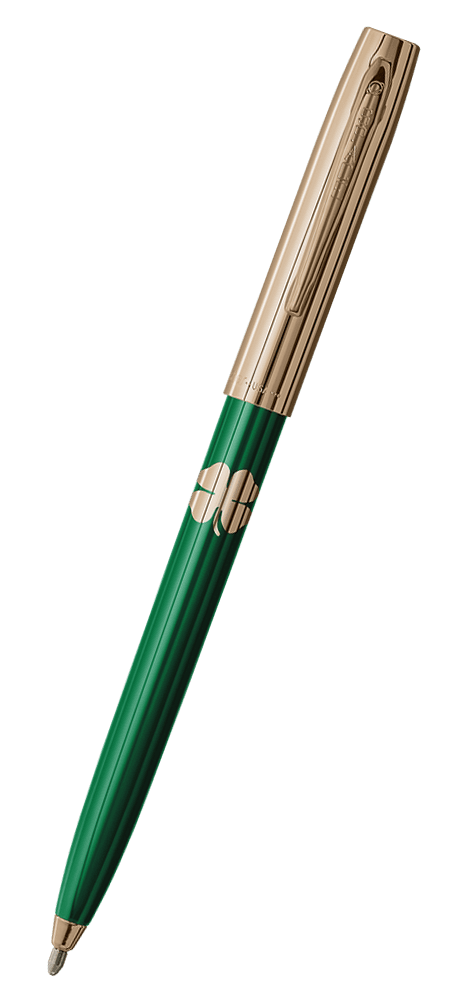 Cap-o-matic space pen with green plastic barrel, gold colored cap with clip, gold colored tip, and imprinted gold four leaf clover.