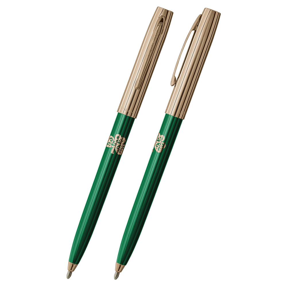 Front and side views of cap-o-matic space pen with green plastic barrel, gold colored cap with clip, gold colored tip, and imprinted shamrock.