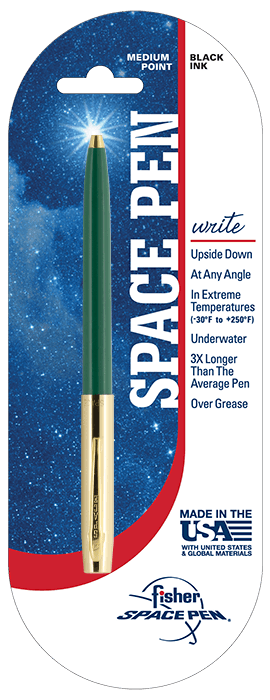 Cap-o-matic space pen with green plastic barrel, gold colored cap with clip, and gold colored tip in packaging with a white and blue background with a galaxy print, a red stripe, and the Fisher Space Pen logo in the bottom right.