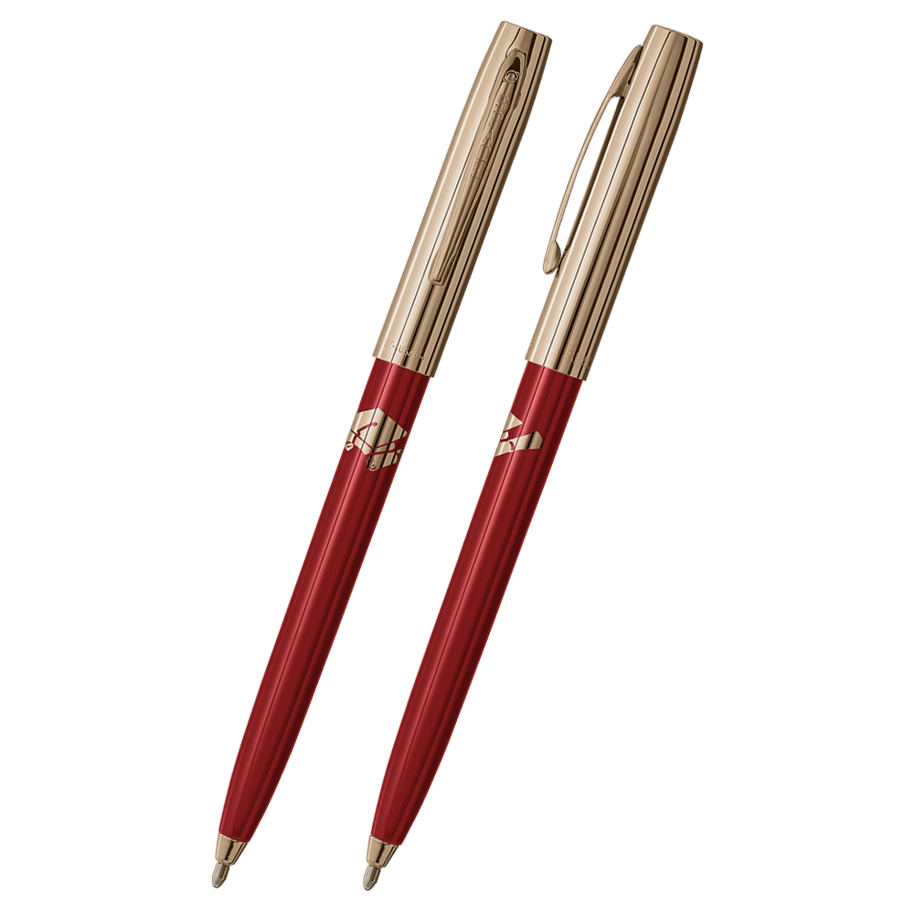 Front and side views of cap-o-matic space pen with red plastic barrel, gold colored cap with clip, gold colored tip, and imprinted cap and diploma.