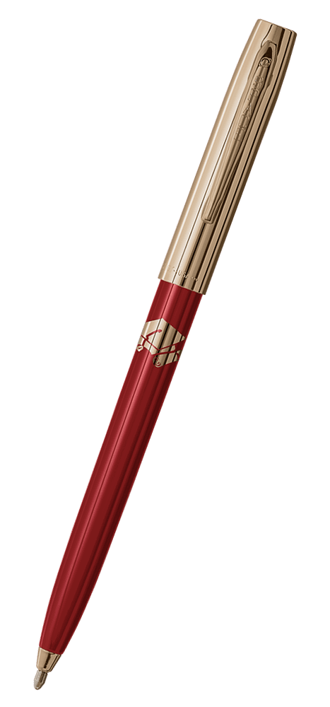 Cap-o-matic space pen with red plastic barrel, gold colored cap with clip, gold colored tip, and imprinted gold cap and diploma.