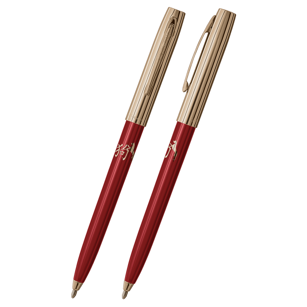 Front and side views of cap-o-matic space pen with red plastic barrel, gold colored cap with clip, gold colored tip, and imprinted gold Chinese character and dog.