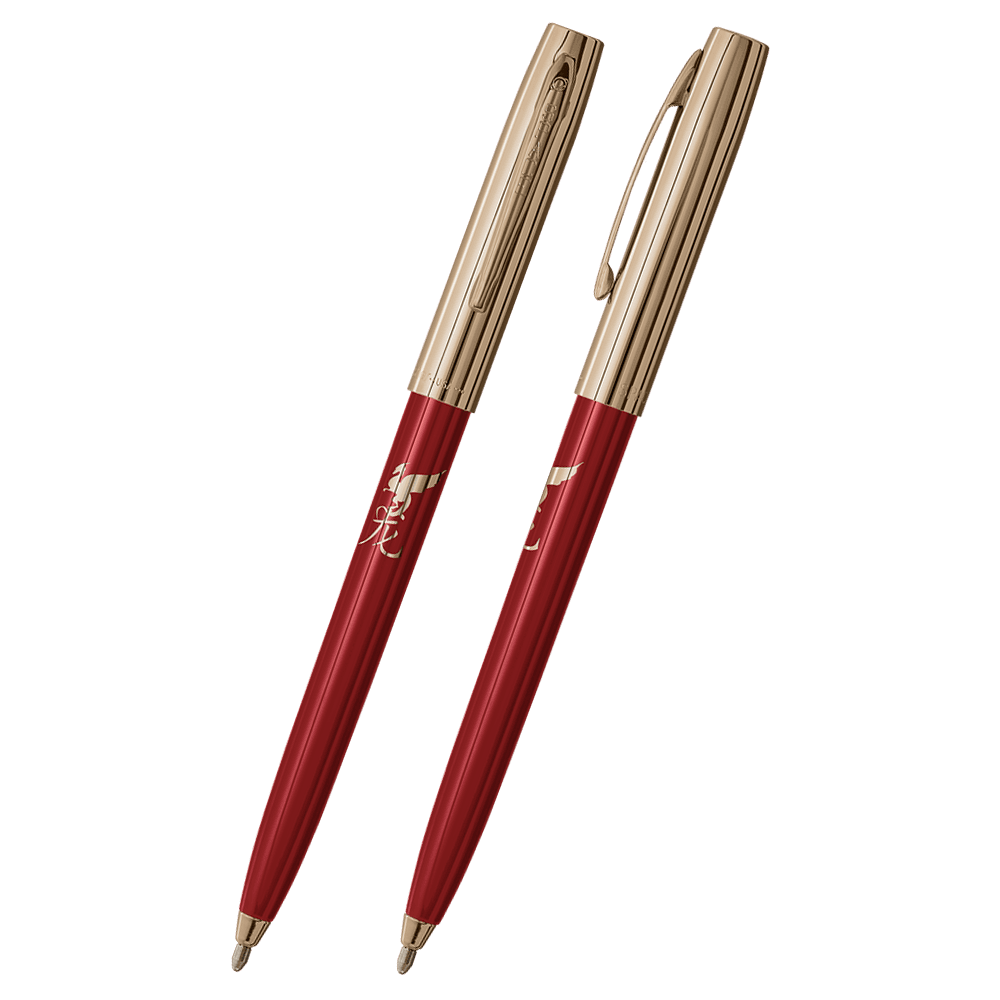 Front and side views of cap-o-matic space pen with red plastic barrel, gold colored cap with clip, gold colored tip, and imprinted gold Chinese character and dragon.