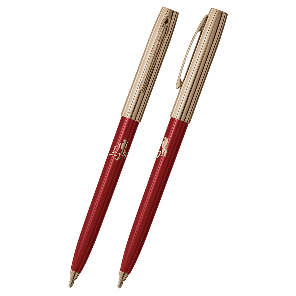Front and side views of cap-o-matic space pen with red plastic barrel, gold colored cap with clip, gold colored tip, and imprinted gold Chinese character and horse.
