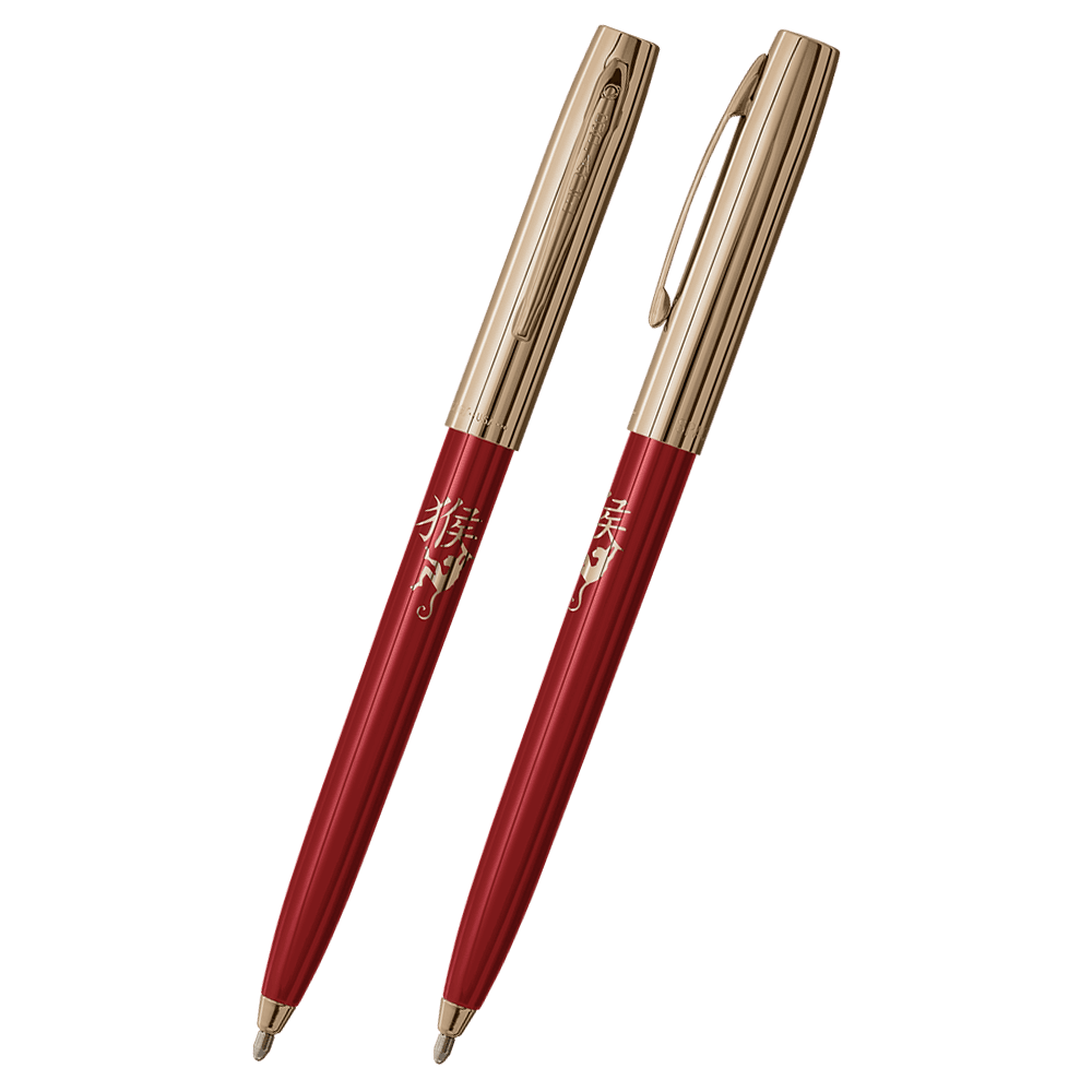 Front and side views of cap-o-matic space pen with red plastic barrel, gold colored cap with clip, gold colored tip, and imprinted gold Chinese character and monkey.