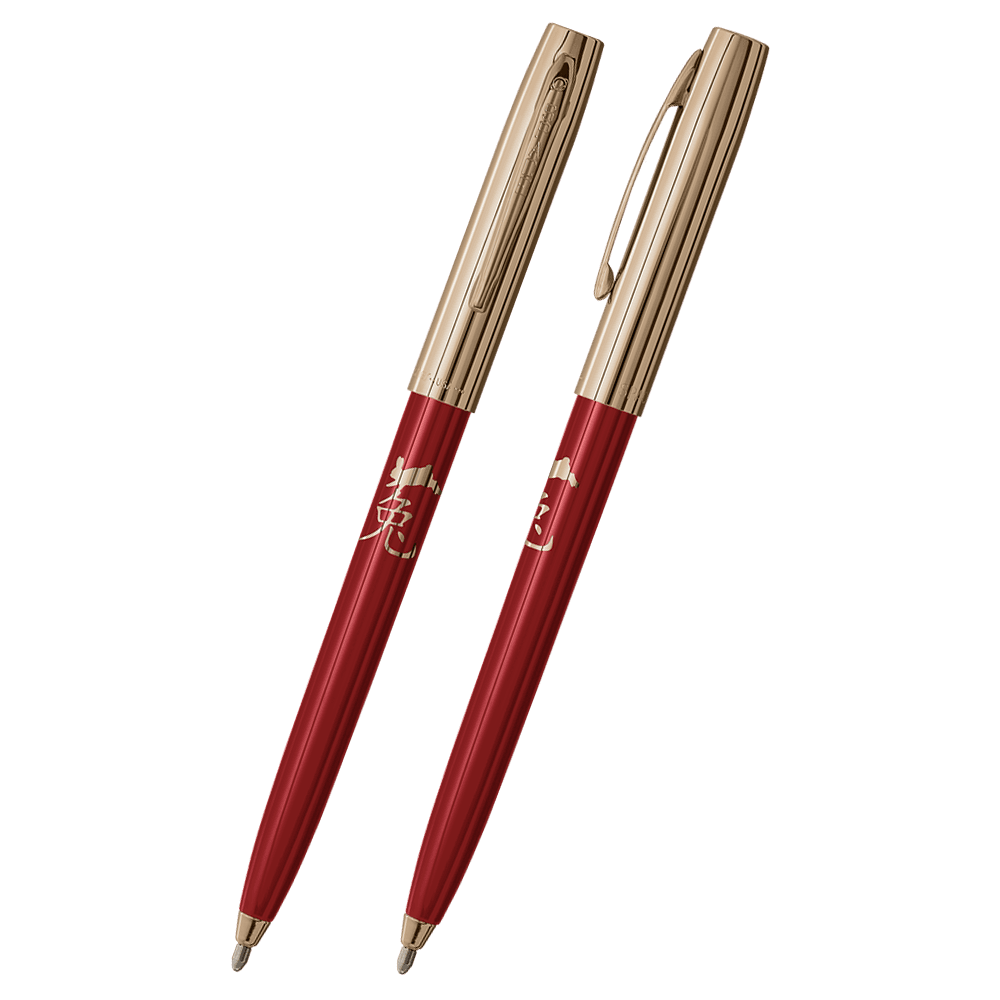 Front and side views of cap-o-matic space pen with red plastic barrel, gold colored cap with clip, gold colored tip, and imprinted gold Chinese character and rabbit.
