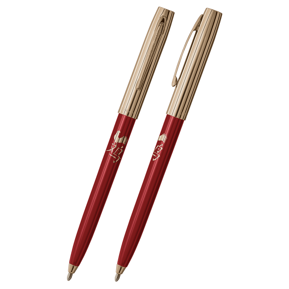 Front and side views of cap-o-matic space pen with red plastic barrel, gold colored cap with clip, gold colored tip, and imprinted gold Chinese character and rooster.