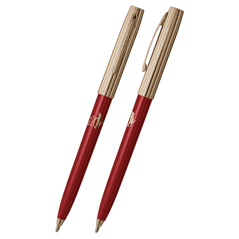 Front and side views of cap-o-matic space pen with red plastic barrel, gold colored cap with clip, gold colored tip, and imprinted gold Chinese character and rat.
