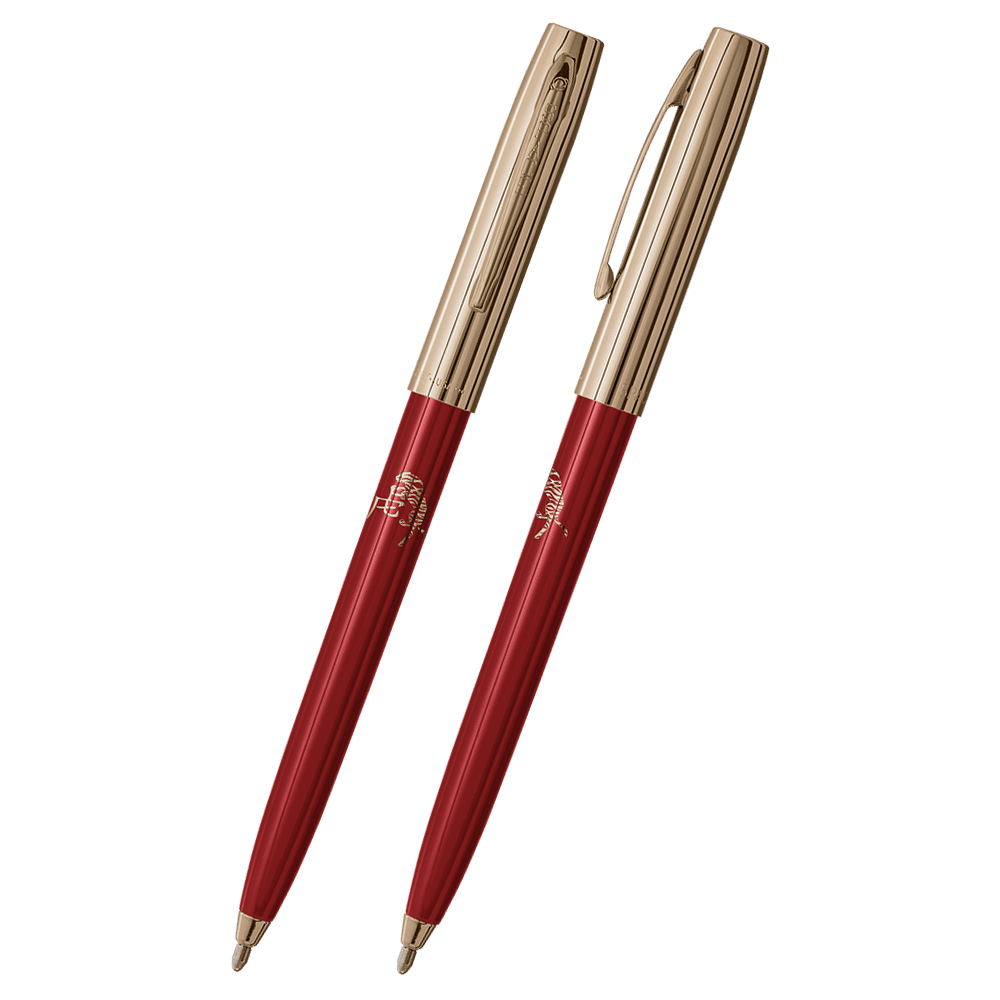 Front and side views of cap-o-matic space pen with red plastic barrel, gold colored cap with clip, gold colored tip, and imprinted gold Chinese character and tiger.
