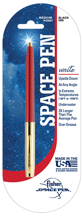 Cap-o-matic space pen with red plastic barrel, gold colored cap with clip, and gold colored tip in packaging with a white and blue background with a galaxy print, a red stripe, and the Fisher Space Pen logo in the bottom right.
