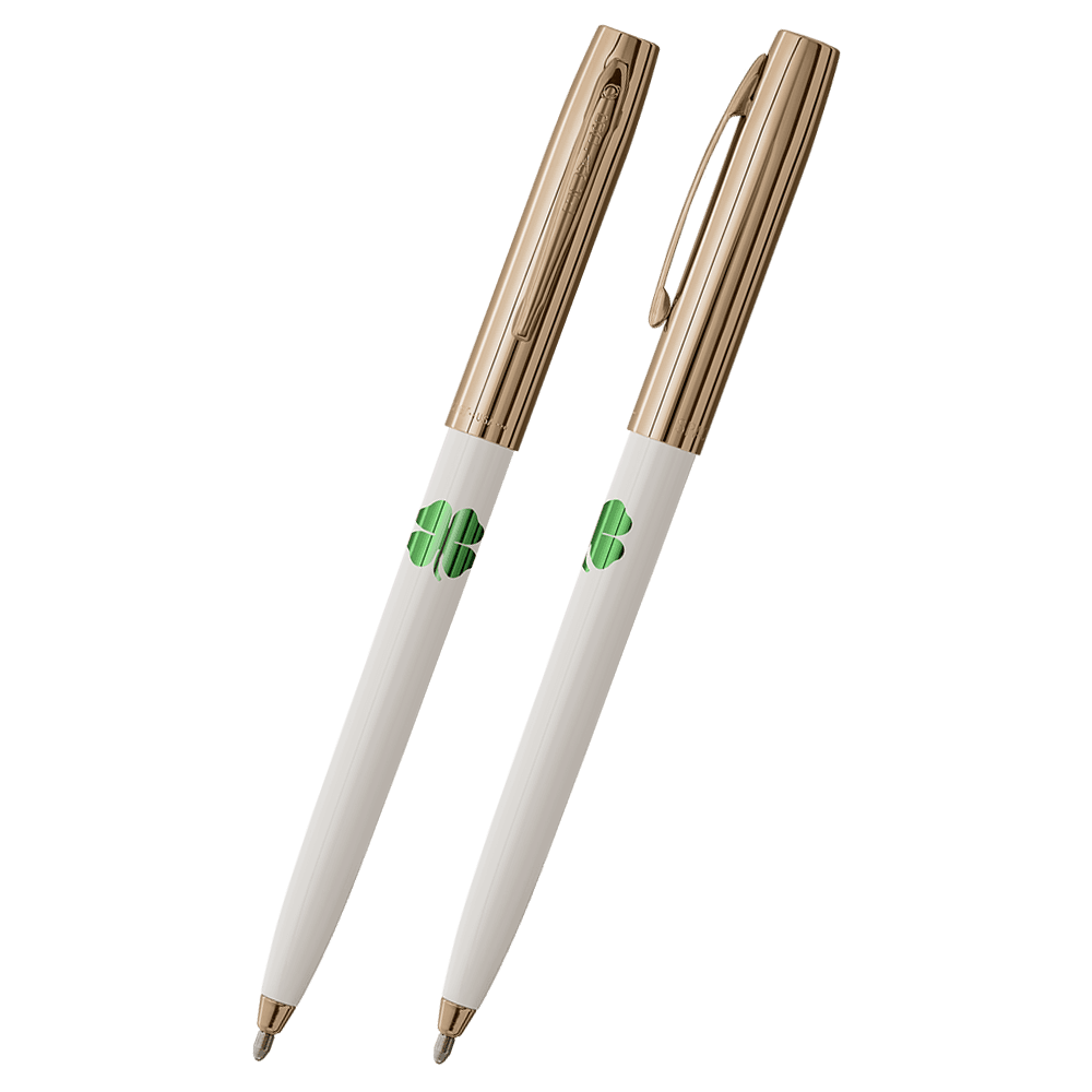 Front and side views of cap-o-matic space pen with white plastic barrel, gold colored cap with clip, gold colored tip, and imprinted green four leaf clover.