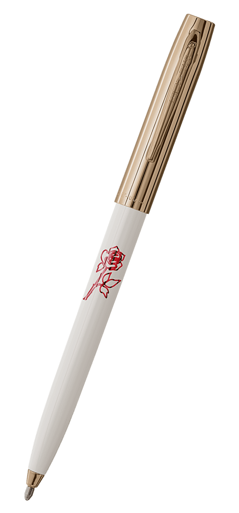 Cap-o-matic space pen with white plastic barrel, gold colored cap with clip, gold colored tip, and imprinted red rose.
