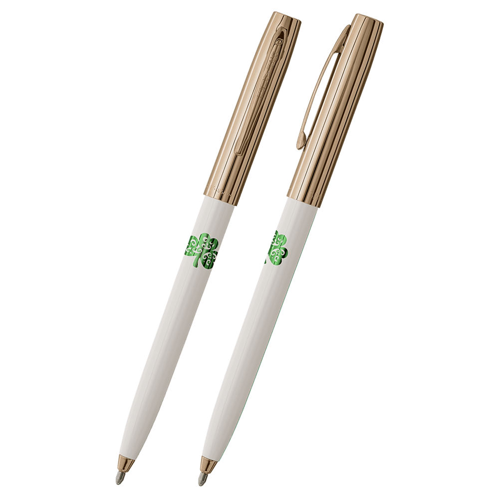 Front and side views of cap-o-matic space pen with white plastic barrel, gold colored cap with clip, gold colored tip, and imprinted green shamrock.