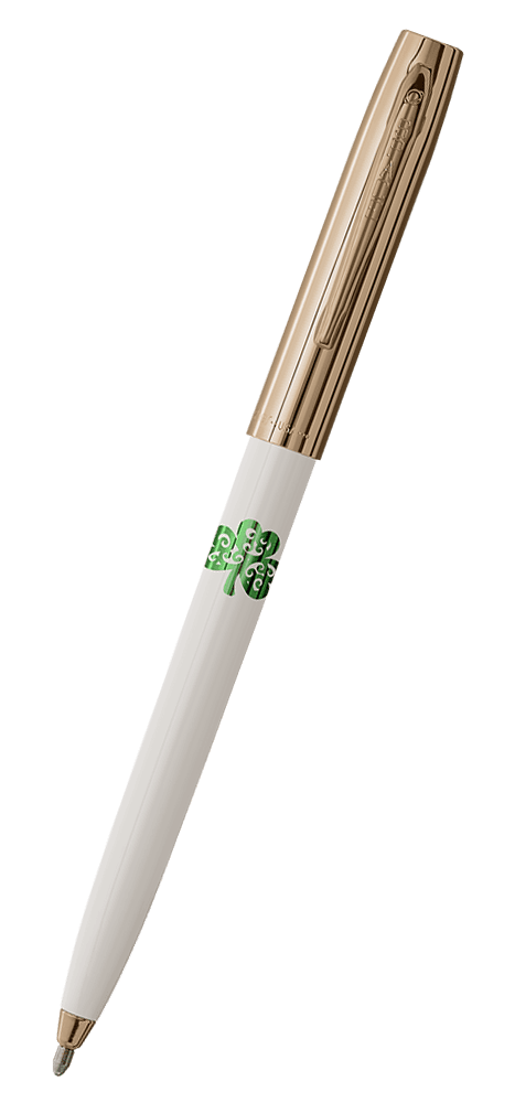 Cap-o-matic space pen with white plastic barrel, gold colored cap with clip, gold colored tip, and imprinted green shamrock.