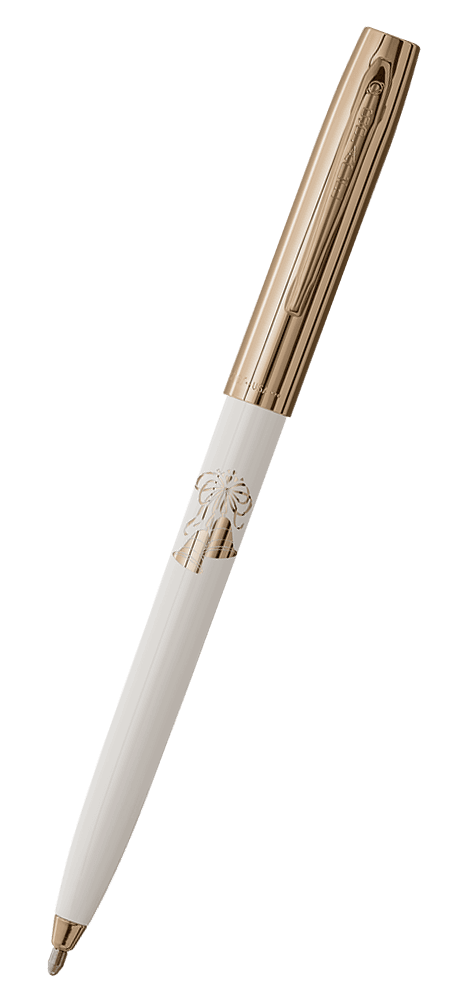 Cap-o-matic space pen with white plastic barrel, gold colored cap with clip, gold colored tip, and imprinted gold wedding bells.