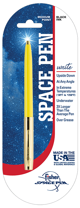 Cap-o-matic space pen with yellow plastic barrel, gold colored cap with clip, and gold colored tip in packaging with a white and blue background with a galaxy print, a red stripe, and the Fisher Space Pen logo in the bottom right.