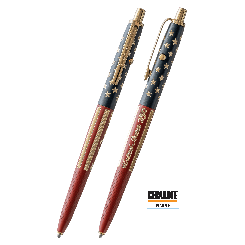 America 250 Limited Edition AG7 Original Astronaut Space Pen featuring a patriotic stars-and-stripes design in Elite Navy and USMC Red Cerakote with gold accents and engraved “United States 250” detailing.