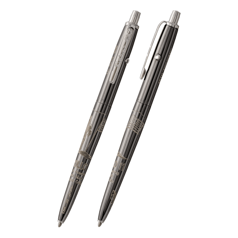 Front and side views of the AG7-45LE Apollo 11 45th Anniversary Astronaut Space Pen, Limited Edition space pen in Dark Matter black titanium nitride with chrome accents.  The chrome clip is stamped Fisher AG-7. The chrome button to extract the refill is o