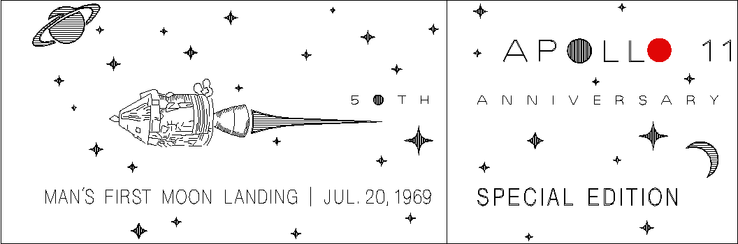 Engraving mark for AG7-50. Includes the Columbia Command and Service Module, “Man’s First Moon Landing Jul. 20, 1969”, and “Apollo 11 50th Anniversary Special Edition”. Saturn, a crescent moon, and stars are throughout the engraving. The second O in Apoll