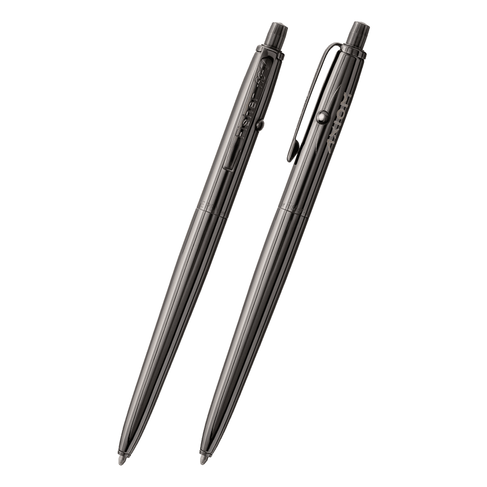 Front and side views of the AG7-BTN-AXM Dark Matter Black Titanium Nitride Astronaut Space Pen, Axiom Space. The clip is stamped Fisher AG-7. The button to extract the refill is on the end of the pen; the retract button is on the side of the pen near the