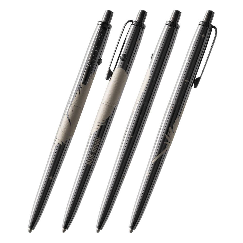 Front and side views of the AG7-BTN/FS-BO Dark Matter Black Titanium Nitride Astronaut Space Pen, Blue Origin Special Edition The clip is stamped Fisher AG-7. The button to extract the refill is on the end of the pen, the retract button is on the side of