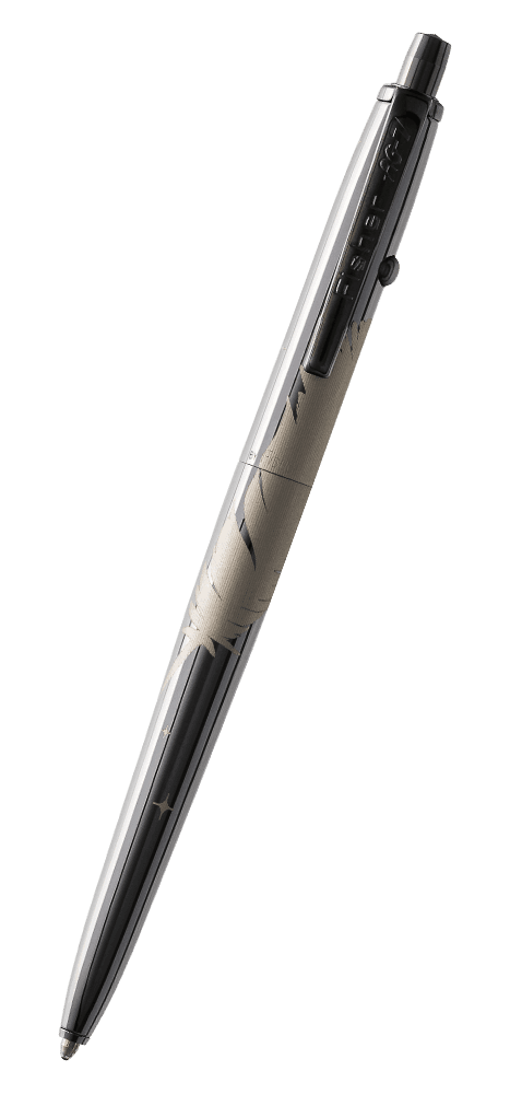AG7-BTN/FS-BO Dark Matter Black Titanium Nitride Astronaut Space Pen, Blue Origin Special Edition. The clip is stamped Fisher AG-7. The button to extract the refill is on the end of the pen, the retract button is on the side of the pen near the clip.