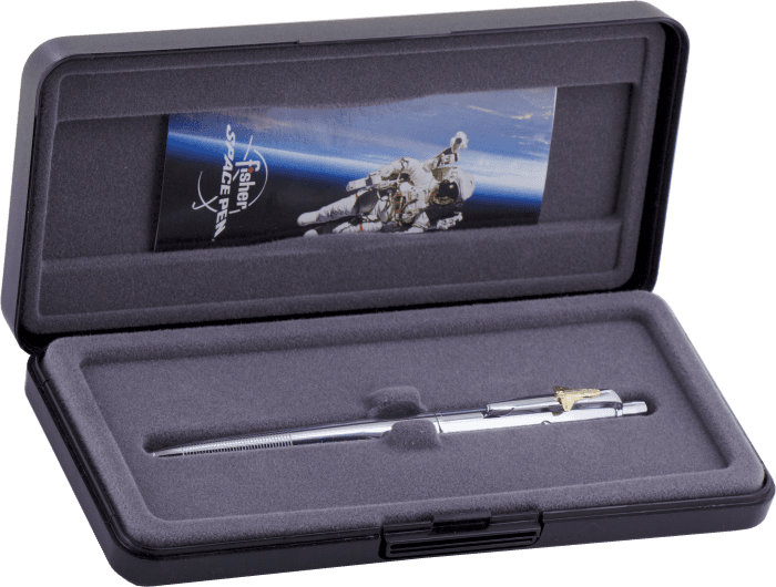 Chrome AG7SH Original Astronaut Space Pen in its gift box. The outside of the box is black plastic. The inside has a flocked gray lining. Inside the lid is a Fisher Space Pen leaflet featuring an astronaut in space with Earth behind them and the Fisher Sp