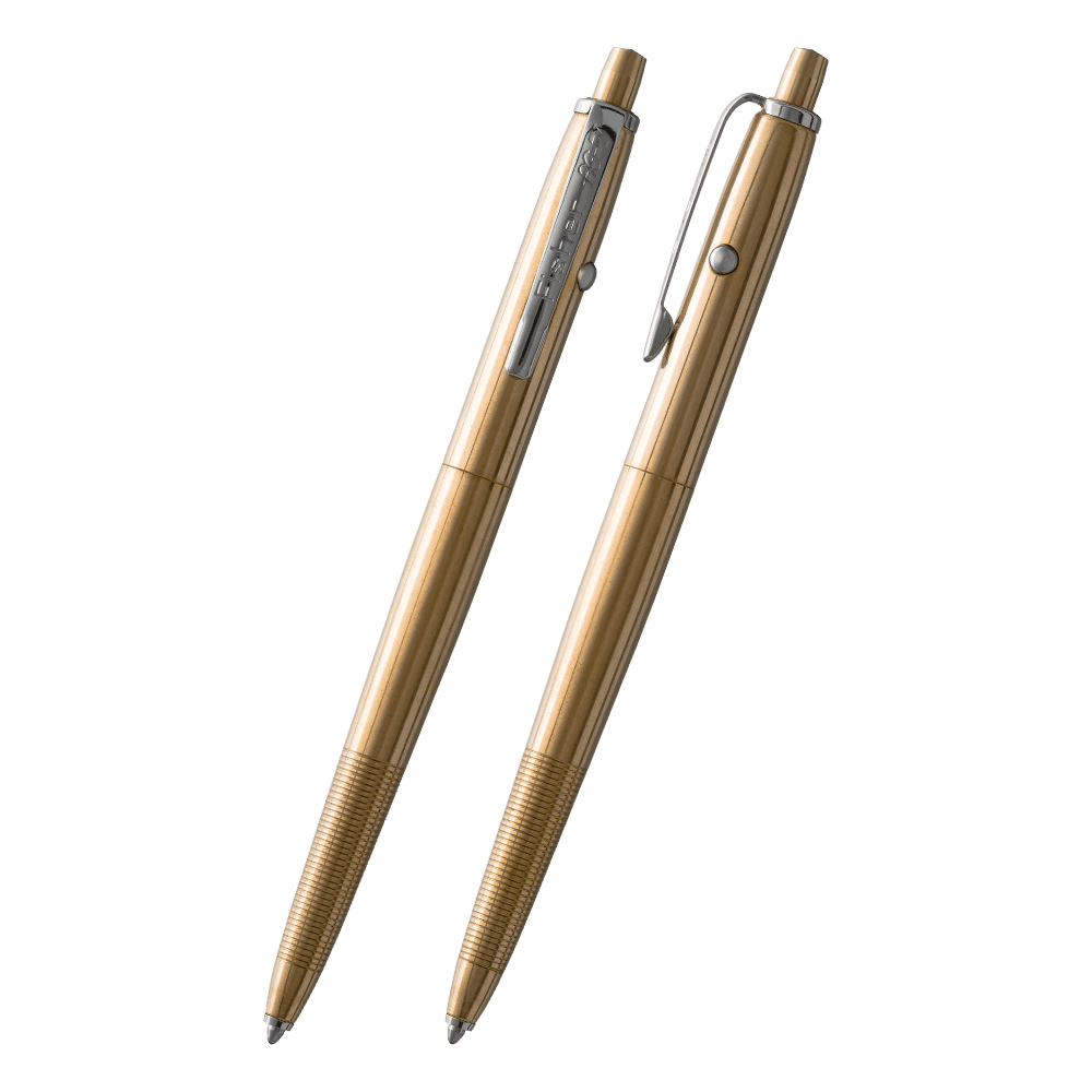 Front and side views of raw brass AG7 astronaut Space Pen
