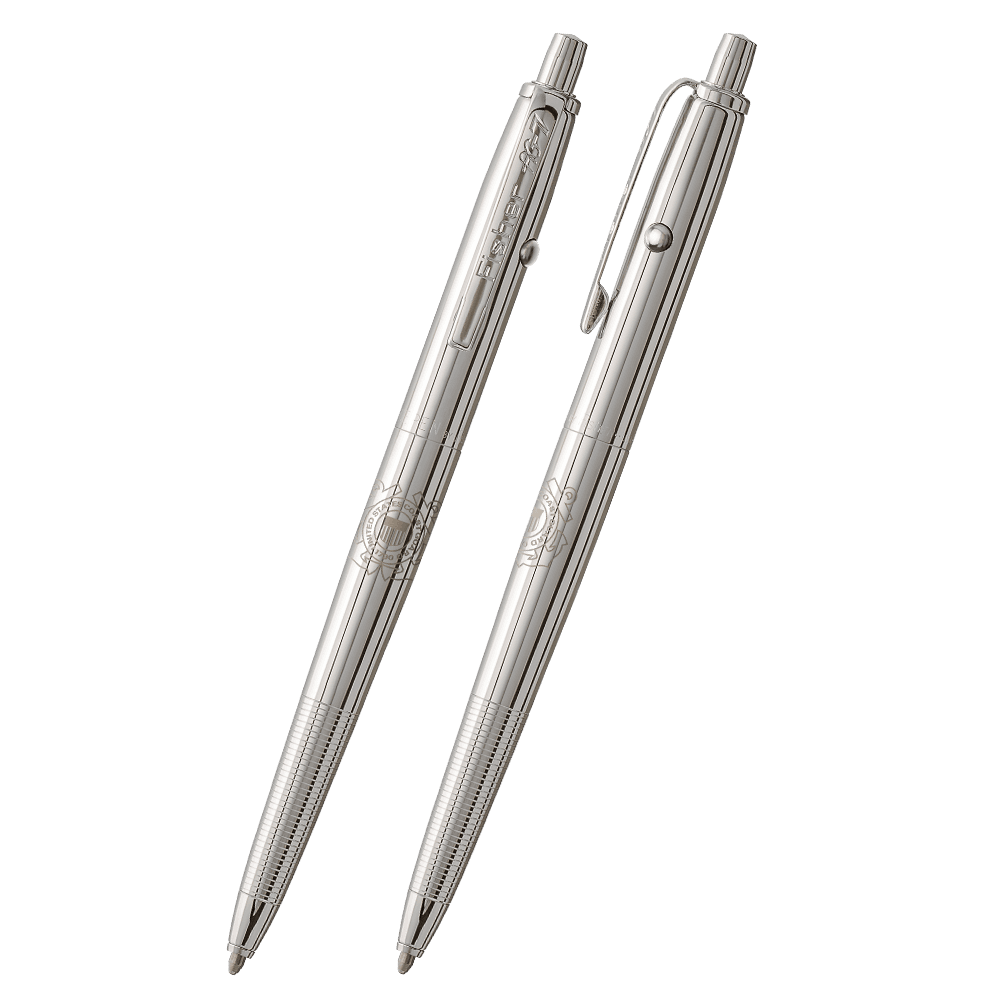 Front and side views of the AG7-CG Original Astronaut Space Pen in chrome with the US Coast Guard insignia. The clip is stamped Fisher AG-7. The button to extract the refill is on the end of the pen, the retract button is on the side of the pen near the c