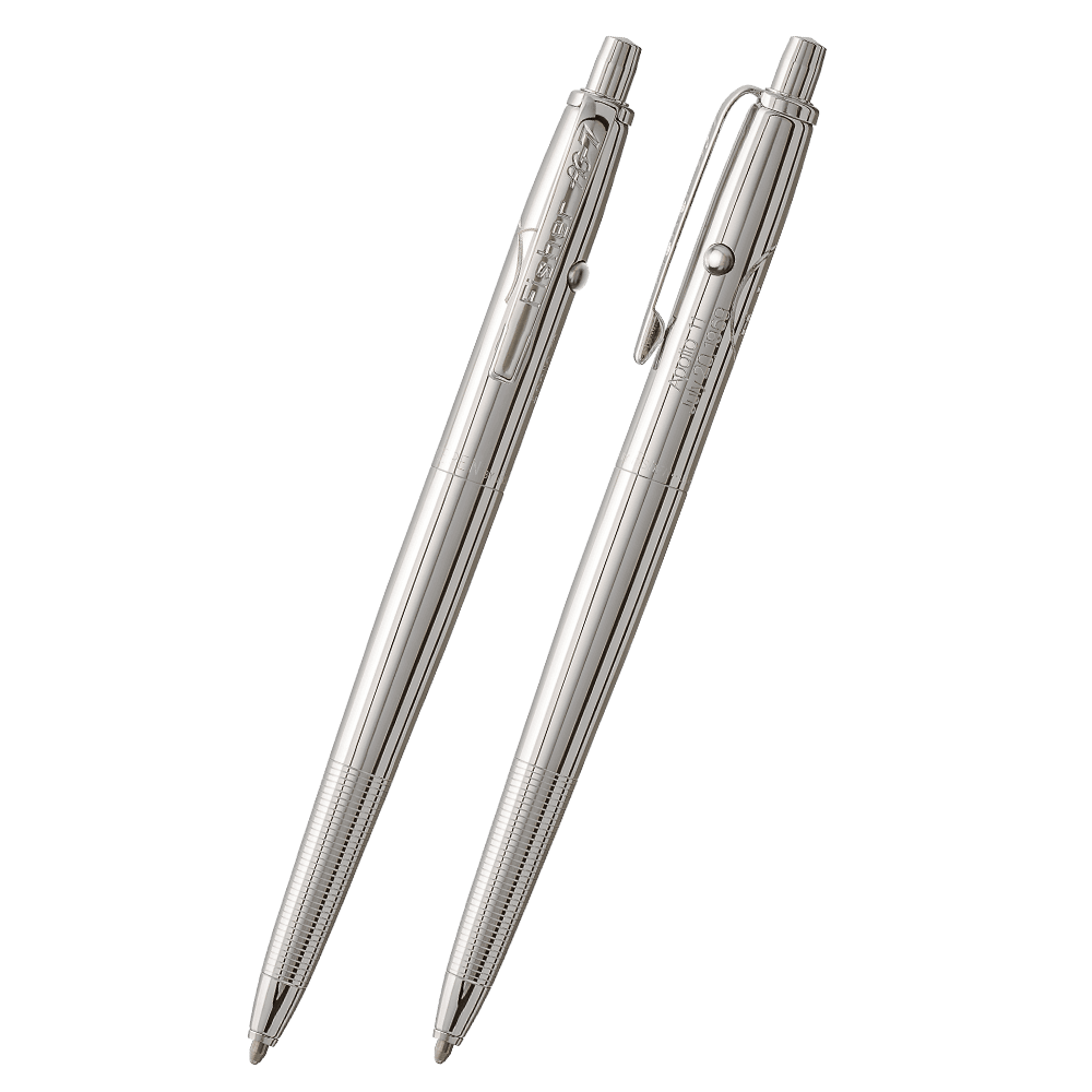 Front and side views of the AG7E Original Astronaut Space Pen in chrome. The clip is stamped Fisher AG-7. The button to extract the refill is on the end of the pen, the retract button is on the side of the pen near the clip. On the side of the cap opposit
