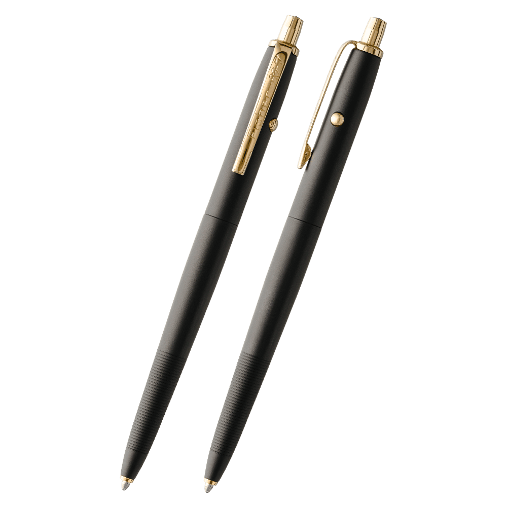 Front and side views of AG7H-146/GTN in Graphite Black Cerakote with Gold Buttons, Clip, and Tip Accents