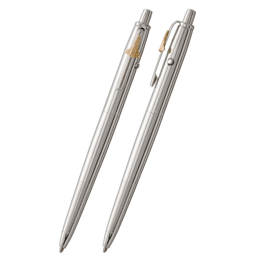 Front and side views of the AG7SH Original Astronaut Space Pen in chrome. The clip has a gold space shuttle emblem attached. The button to extract the refill is on the end of the pen, the retract button is on the side of the pen near the clip. The finger