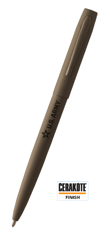M4H-265-STAR/USAR Cap-o-Matic  Space Pen in Flat Dark Earth Cerakote. The pen is brown with the U.S. Army Star logo pad printed in black.