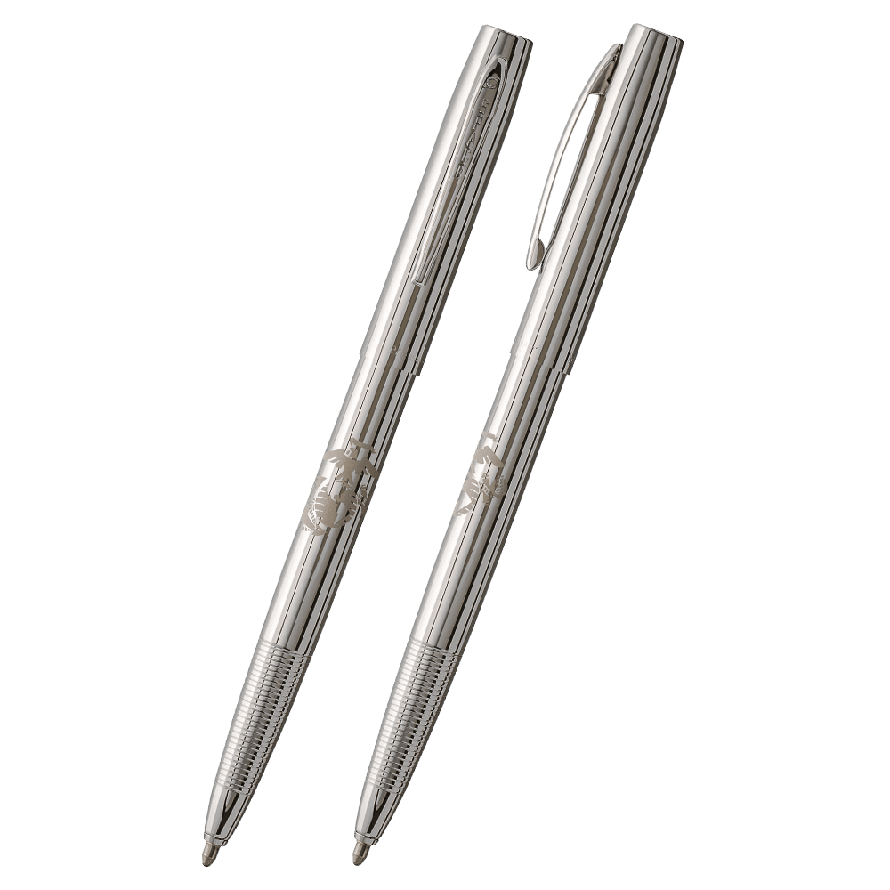 Chrome cap-o-matic space pen with engraving of US Marine Corps emblem