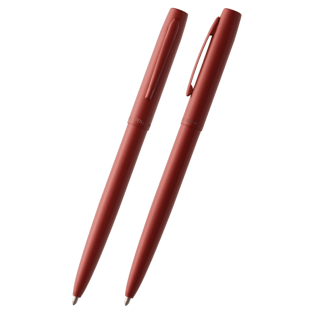 Front and side views of Blood Orange Cerakote finished Cap-o-Matic Space Pen