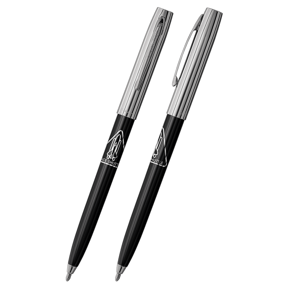 Front and side views of cap-o-matic space pen with black plastic barrel, chrome cap with clip, chrome tip, and imprinted silver space shuttle.