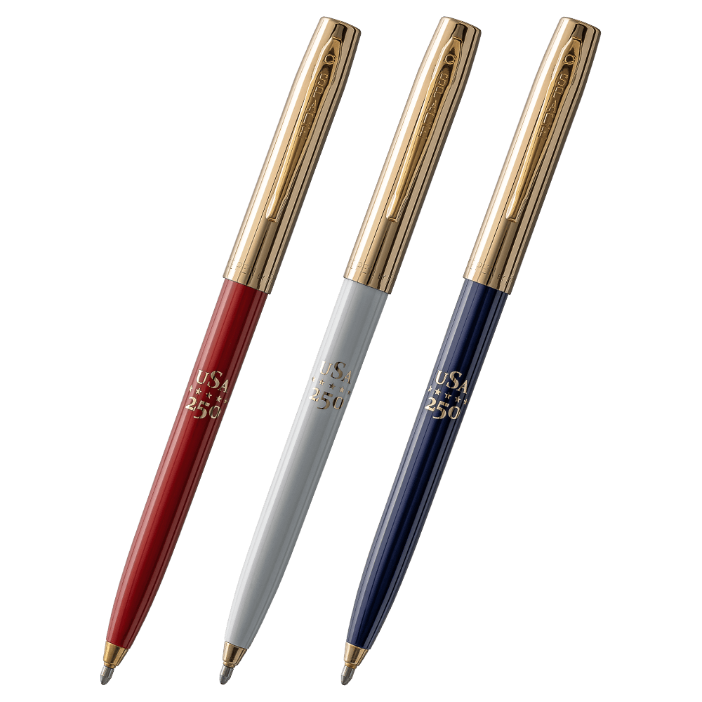 Fisher Space Pen America 250 Cap-o-Matic trio: Red, White, and Blue pens with gold hardware and 'USA 250' pad printing