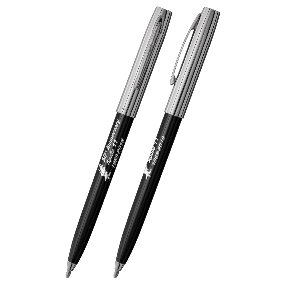 Front and side views of cap-o-matic space pen with black plastic barrel, chrome cap with clip, chrome tip, and imprinted silver Apollo 11 50th Anniversary.