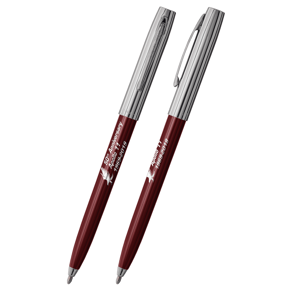 Front and side views of cap-o-matic space pen with burgundy plastic barrel, chrome cap with clip, chrome tip, and imprinted silver Apollo 11 50th Anniversary.