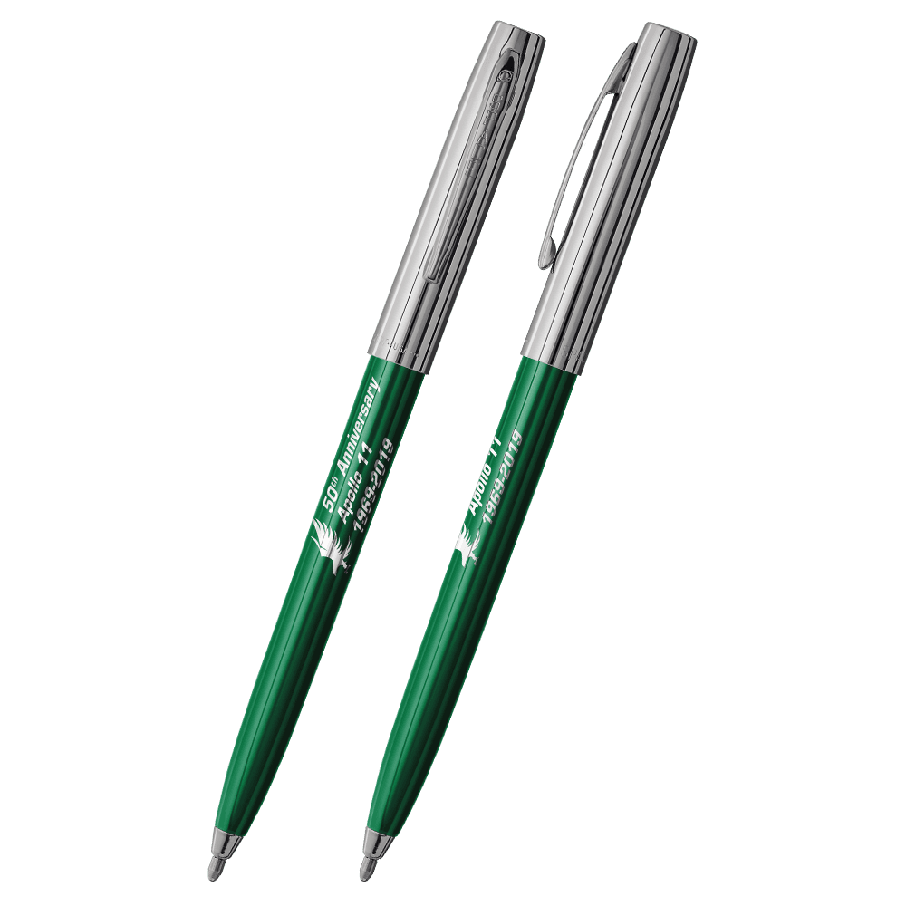 Front and side views of cap-o-matic space pen with green plastic barrel, chrome cap with clip, chrome tip, and imprinted silver Apollo 11 50th Anniversary.