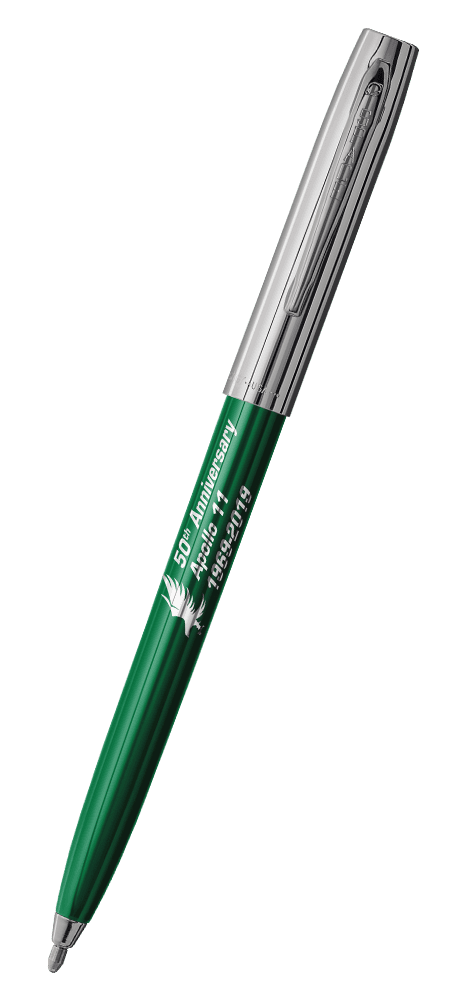 Cap-o-matic space pen with green plastic barrel, chrome cap with clip, chrome tip, and imprinted silver Apollo 11 50th Anniversary.